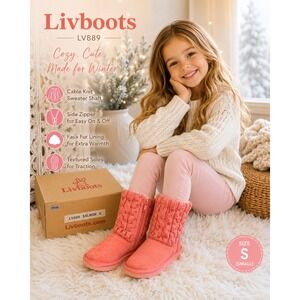 Livboots LV889 Salmon Pink Cable Knit Faux Fur Lined Winter Boots Kids Size S
